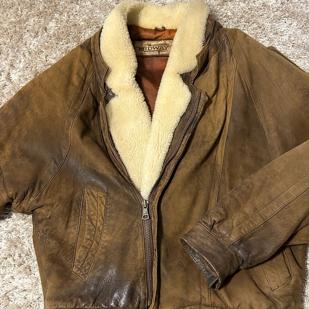 Brown and Cream Bomber Jacket with Shearling Collar